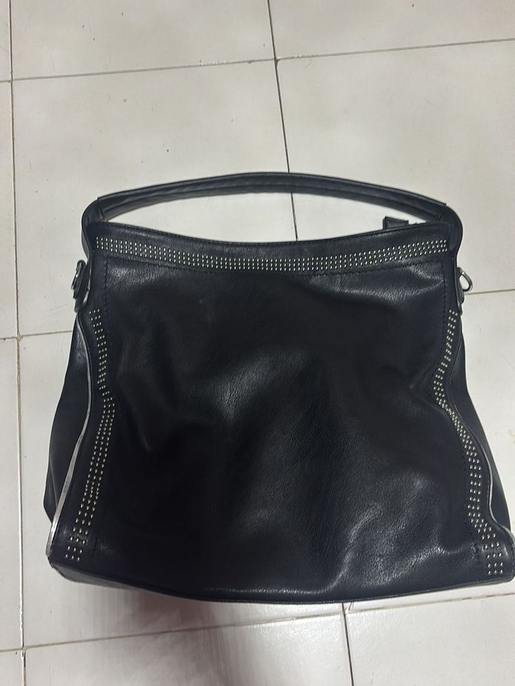 Studded Black Leather Tote Bag