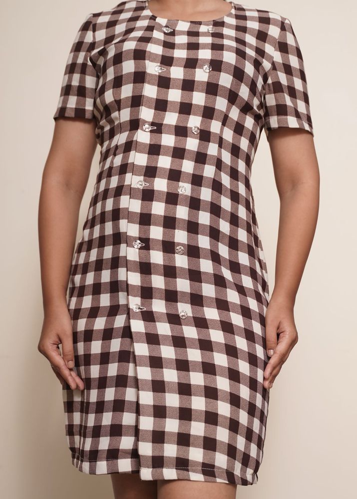 Checked Print Brown Gingham Button Dress