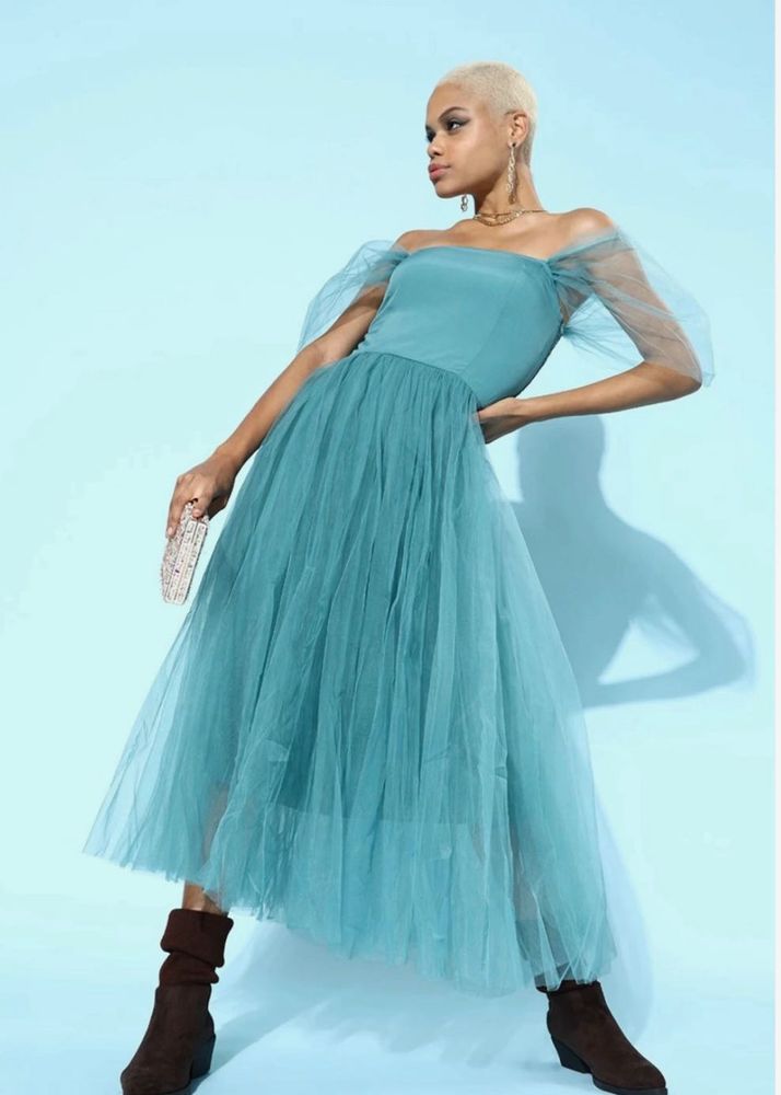 SASSAFRAS BLUE TULLE BARDOT MIDI DRESS