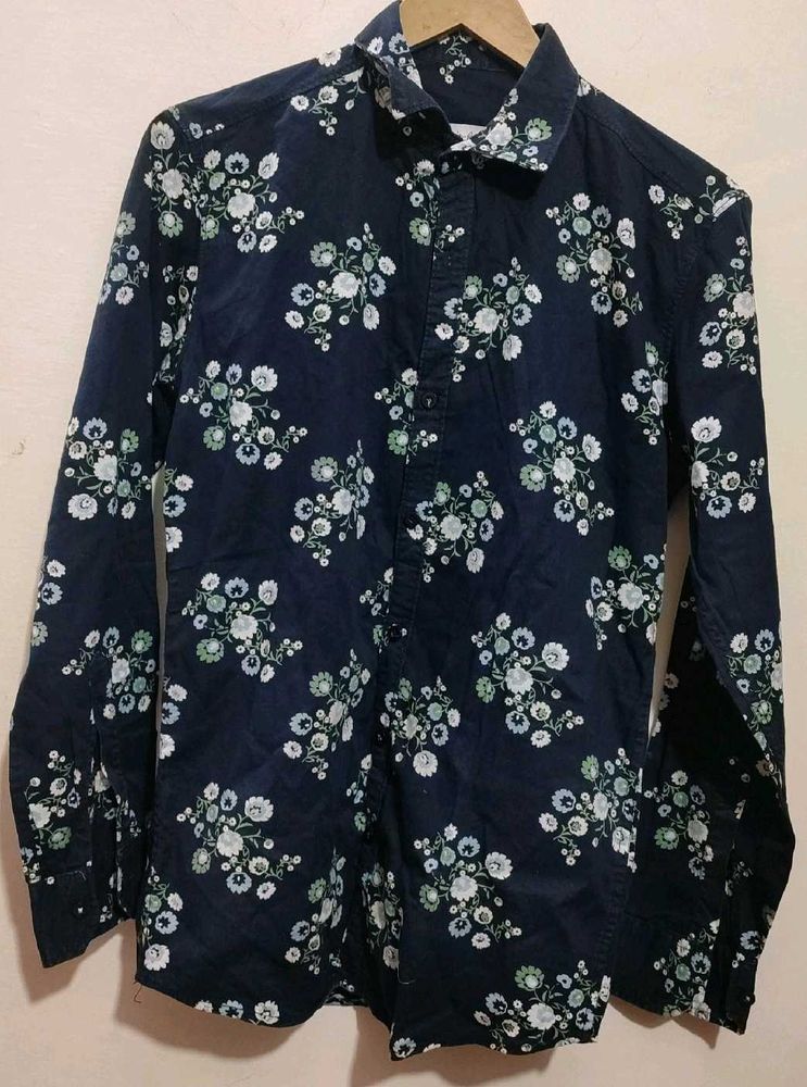 Navy Blue Floral Printed Shirt For 36 Chest