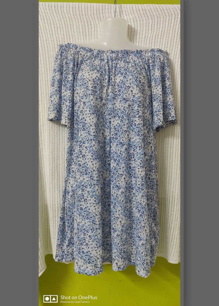 Blue Floral Off Shoulder Dress