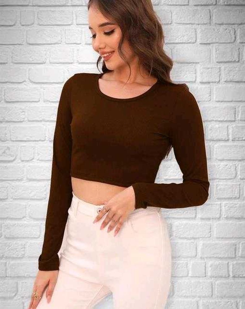 Coffee Brown Ribbed Fitted Crop Top