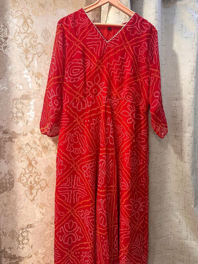 Red Bandhani Print Full Size Gown, Bust- 40/42