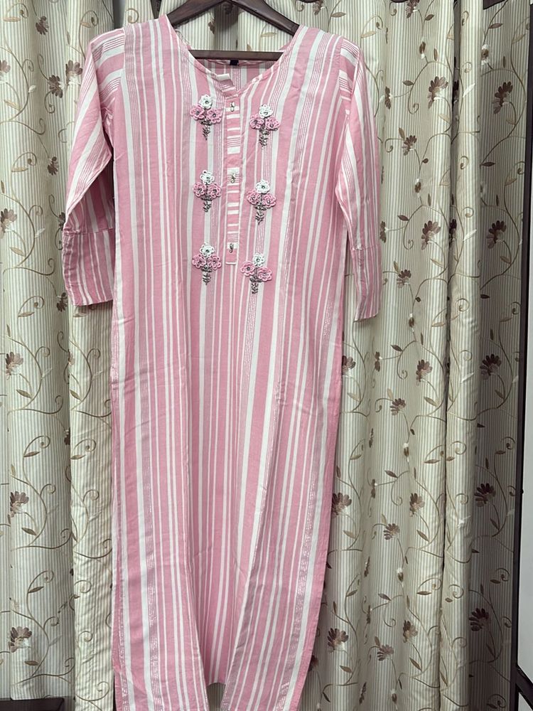 Pink &amp; White Striped Kurti with Embroidery