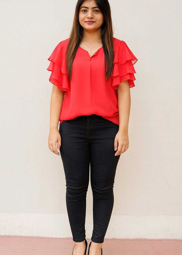 ❤️ Elegant Red Net Half-Sleeve Top for Women ❤️