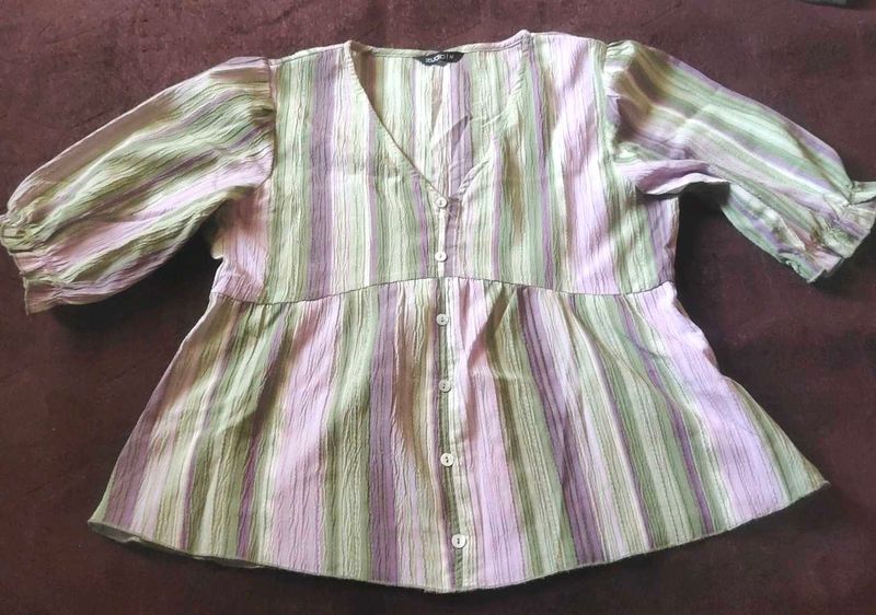Striped Button-Down Puff Sleeve Top💜💚🤍