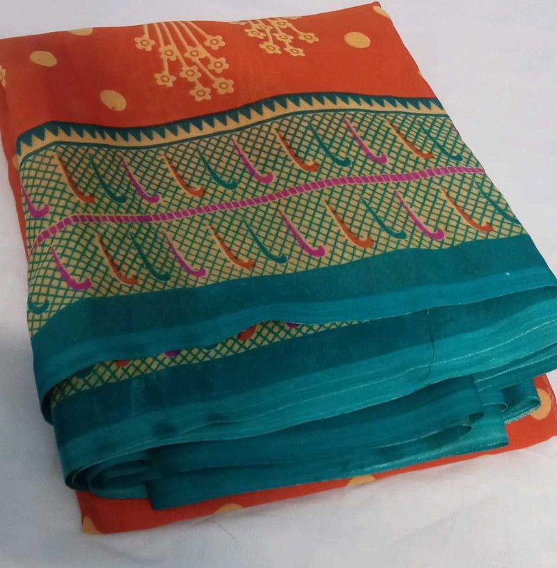 Orange &amp; Teal Patterned Saree