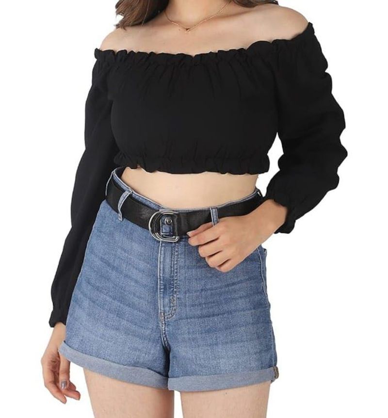 Solid Pattern Off Shoulder Black Crop Top