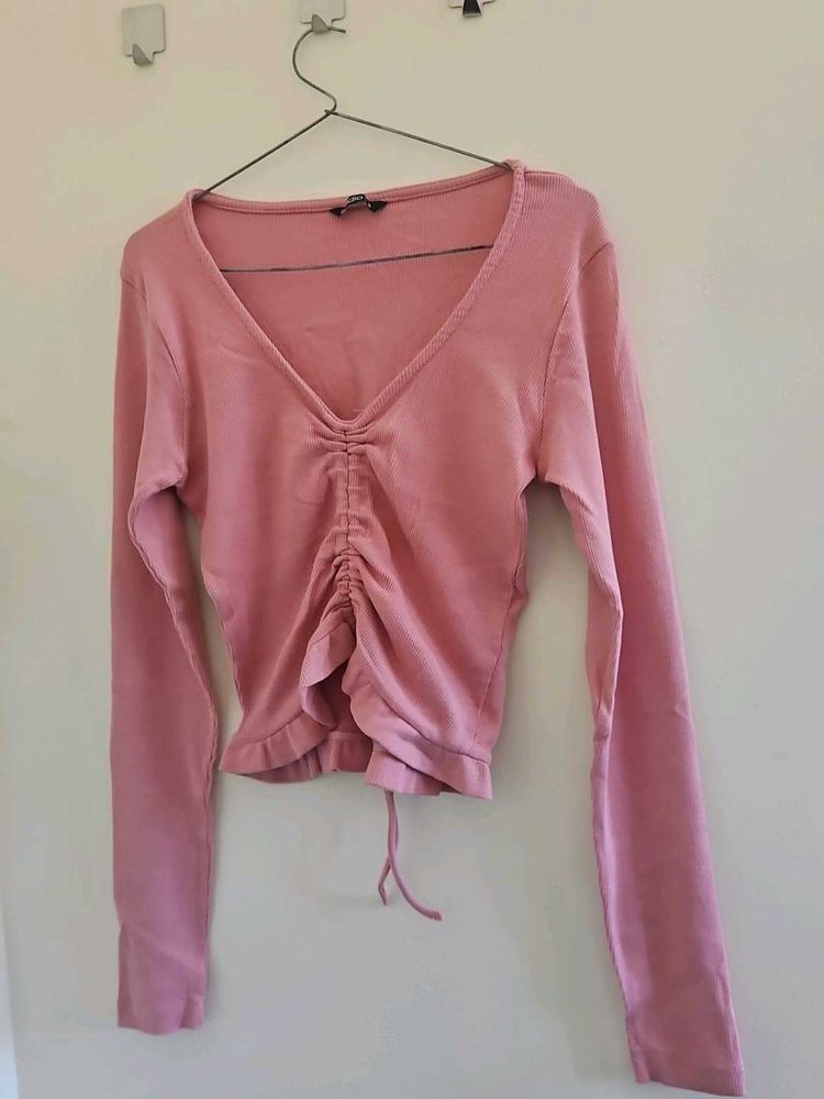 Pink Long Sleeve ribbed Crop Top