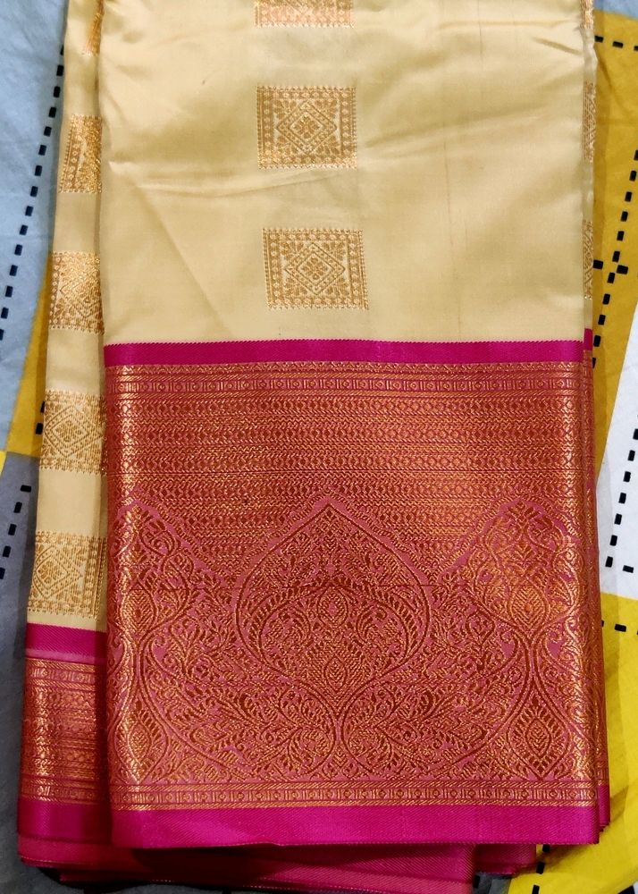 Brand New Silk Saree Cream Color With Pink Border