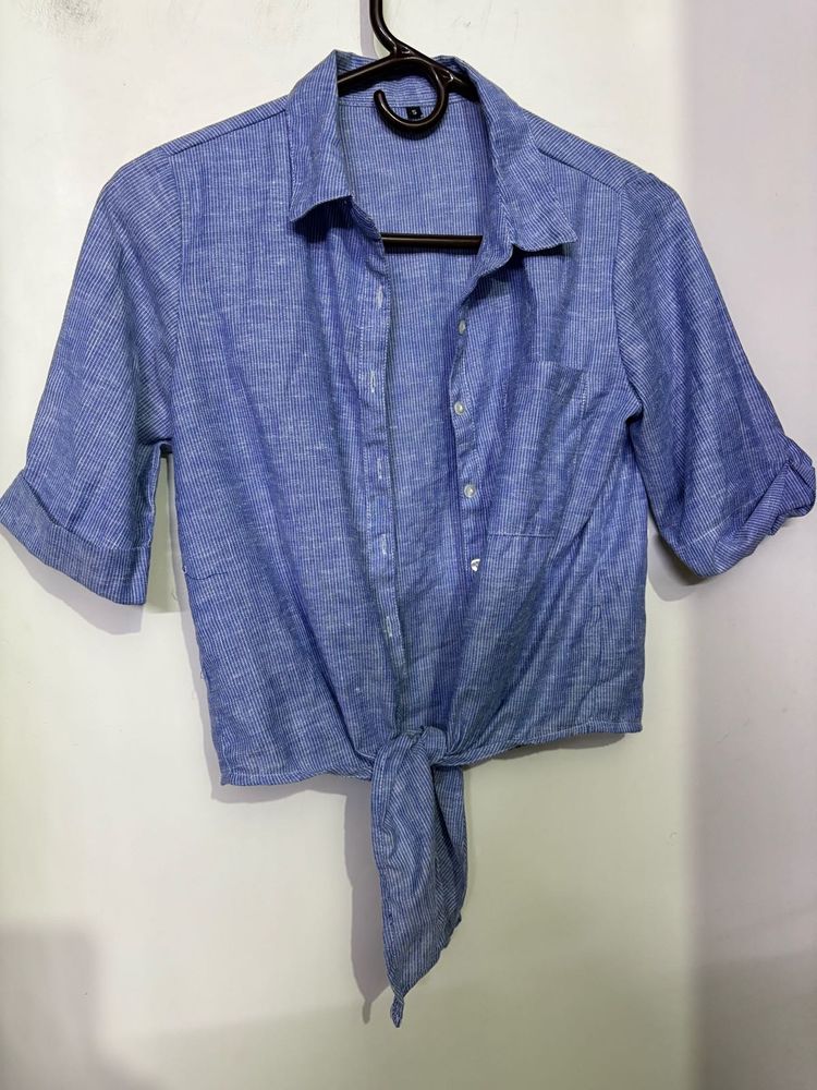 Blue Tie-Front Crop Top