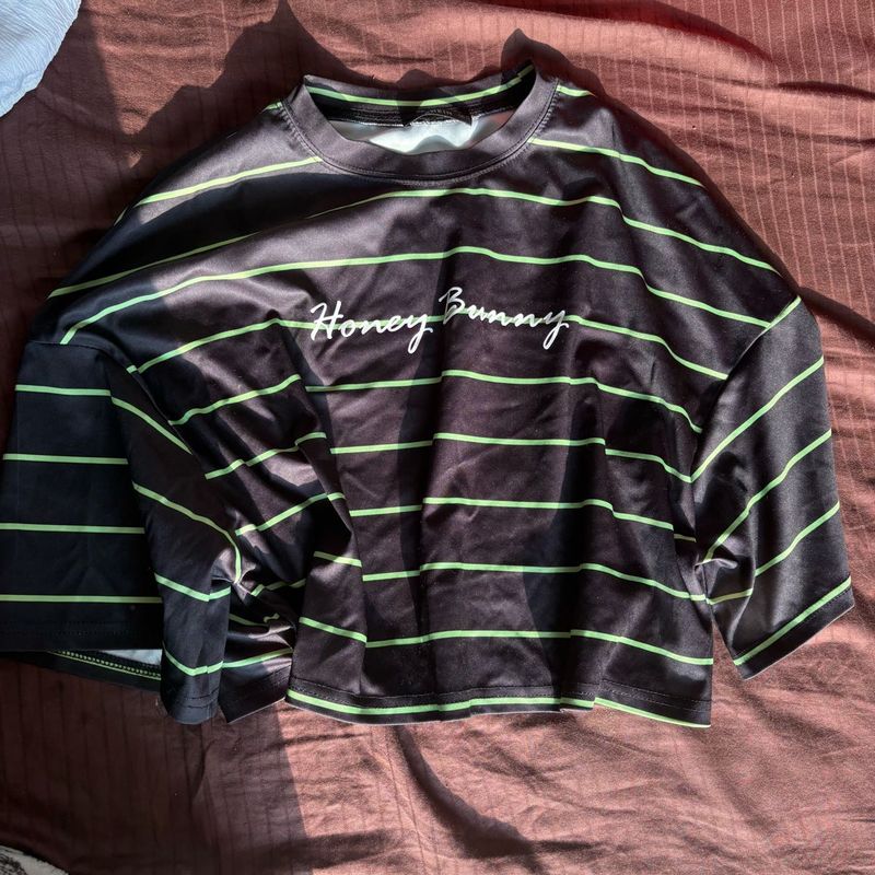 Black &amp; Green Striped “Honey Bunny” Oversized Crop