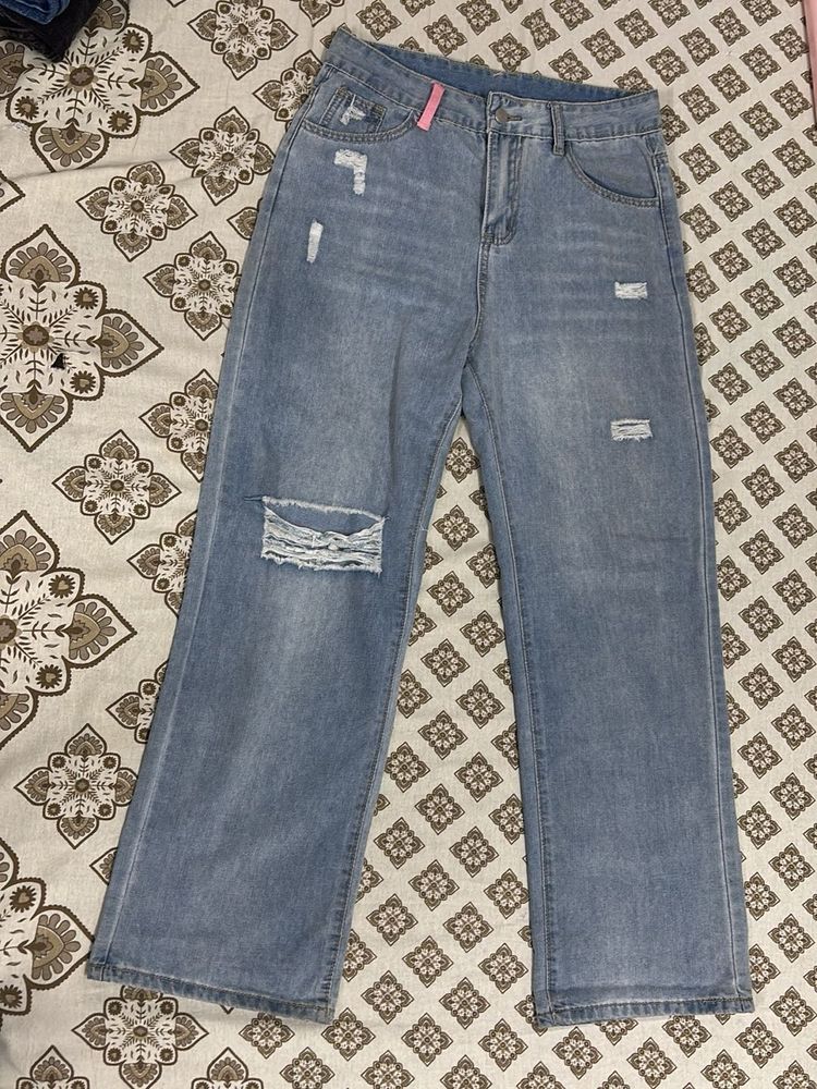 Ripped Wide-Leg Denim Jeans