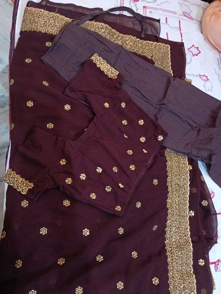 Maroon &amp; Gold Embroidered Saree Set