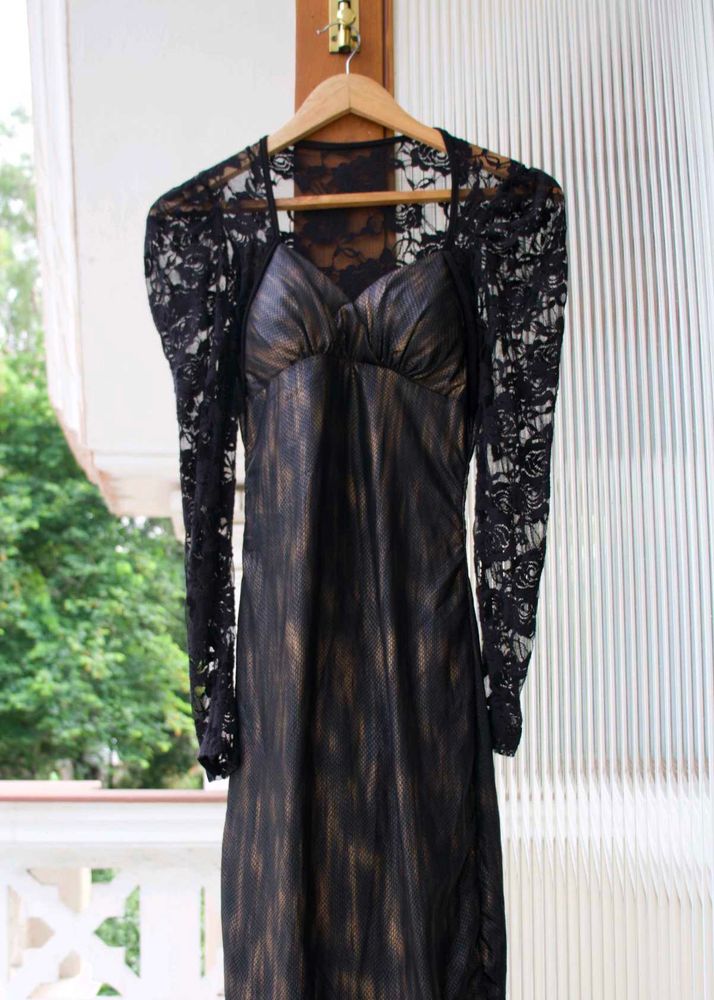 Black Metallic Sheen Lace Dress