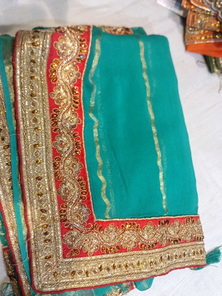Teal &amp; Gold Embroidered Saree
