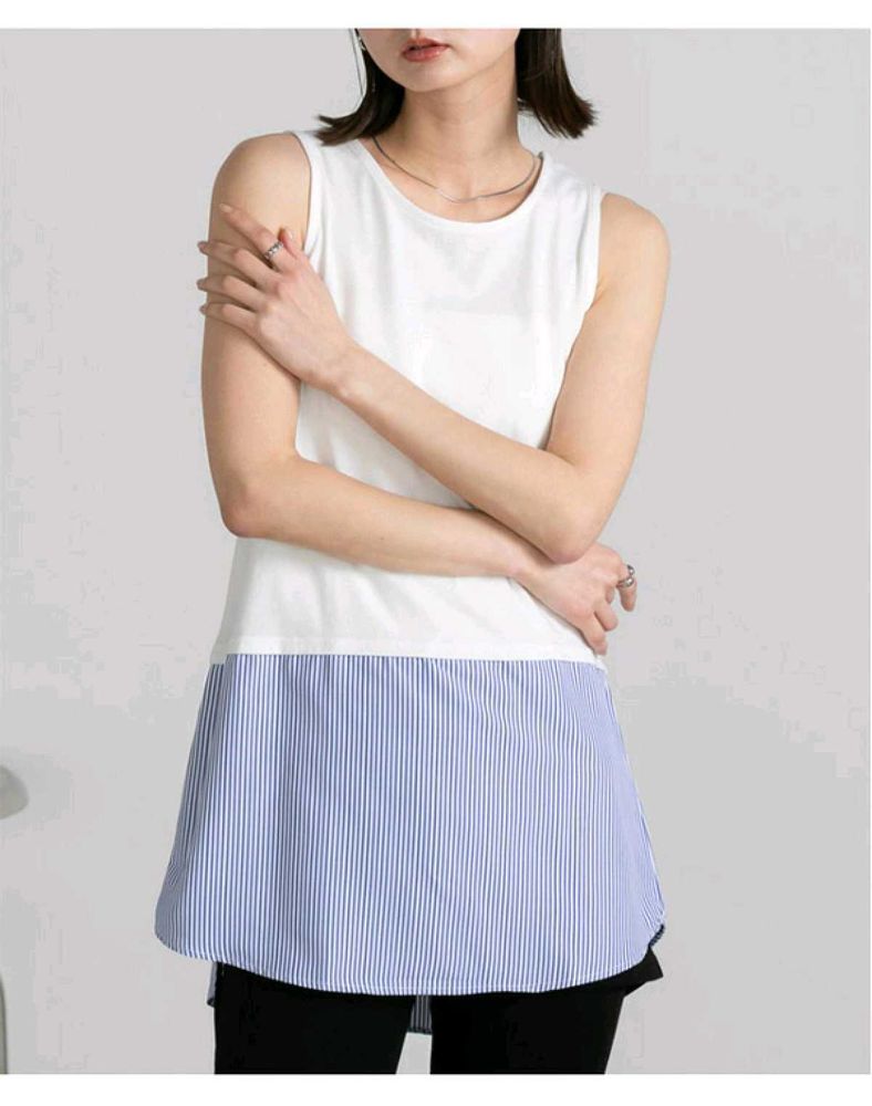 Canmart Women White Blue Striped Cotton Tank Top