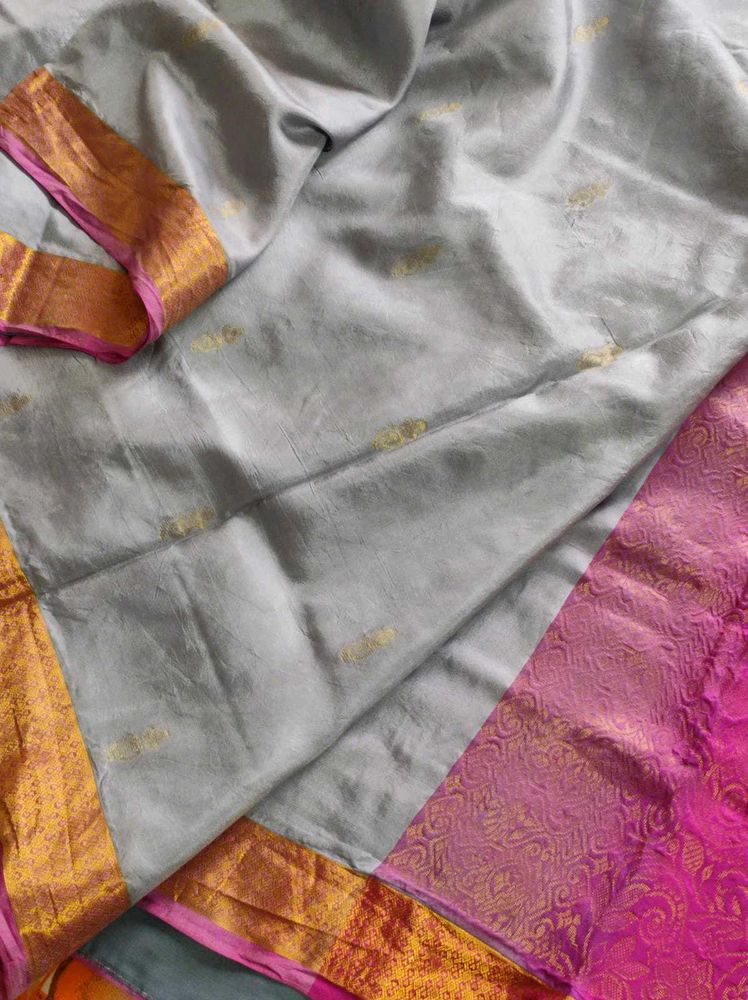 Elegant Grey And Pink Silk Saree