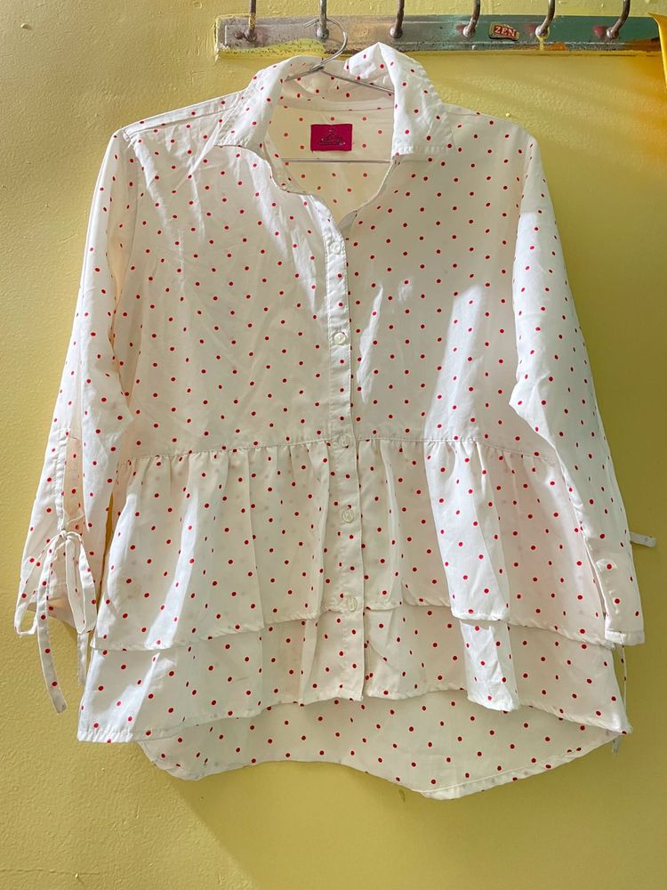 White And Red Polka Dot Ruffle Blouse