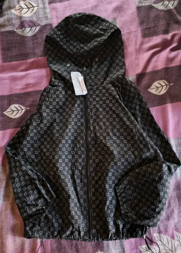 Black Monogram Full-Zip Hooded Windbreaker Jacket