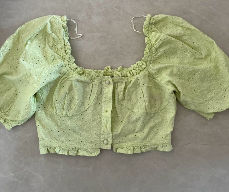 Brave Soul London Pale Lime Buttoned Milkmaid Top