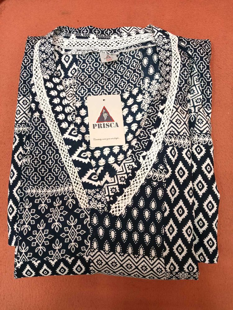 Brand New Prisca Navy Blue &amp; White Printed Top