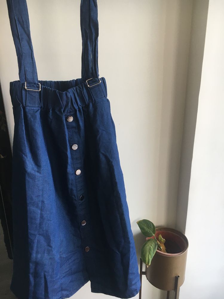 Soft Denim Skirt With Suspenders