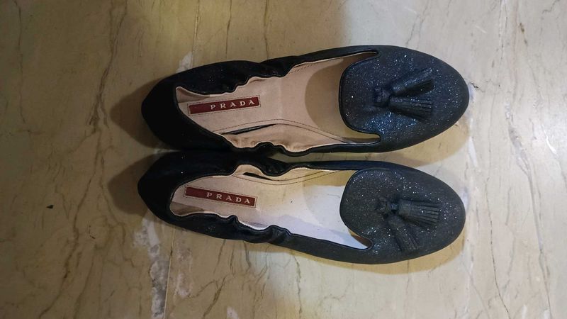 Prada Sparkly Midnight Blue Flats With Tassels