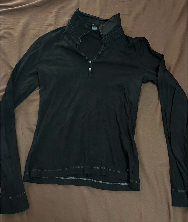 Black Collared Full Sleeves Tshirt