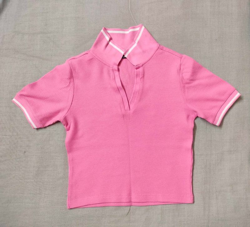 Pink Colour Tshirt With Collar From Zudio