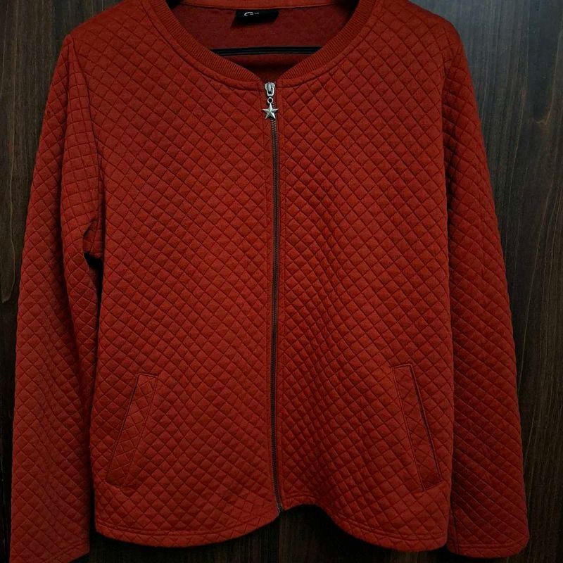 Brick Red Quilted Zip-Up Jacket