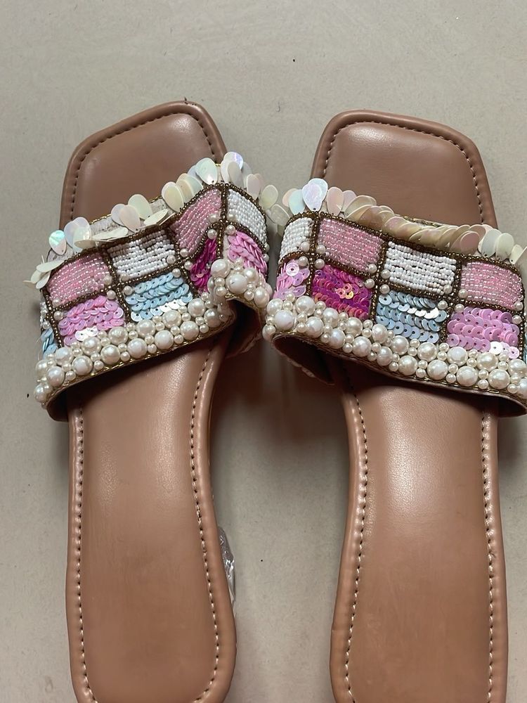 Stylish Beaded &amp; Sequin transparent block  heel