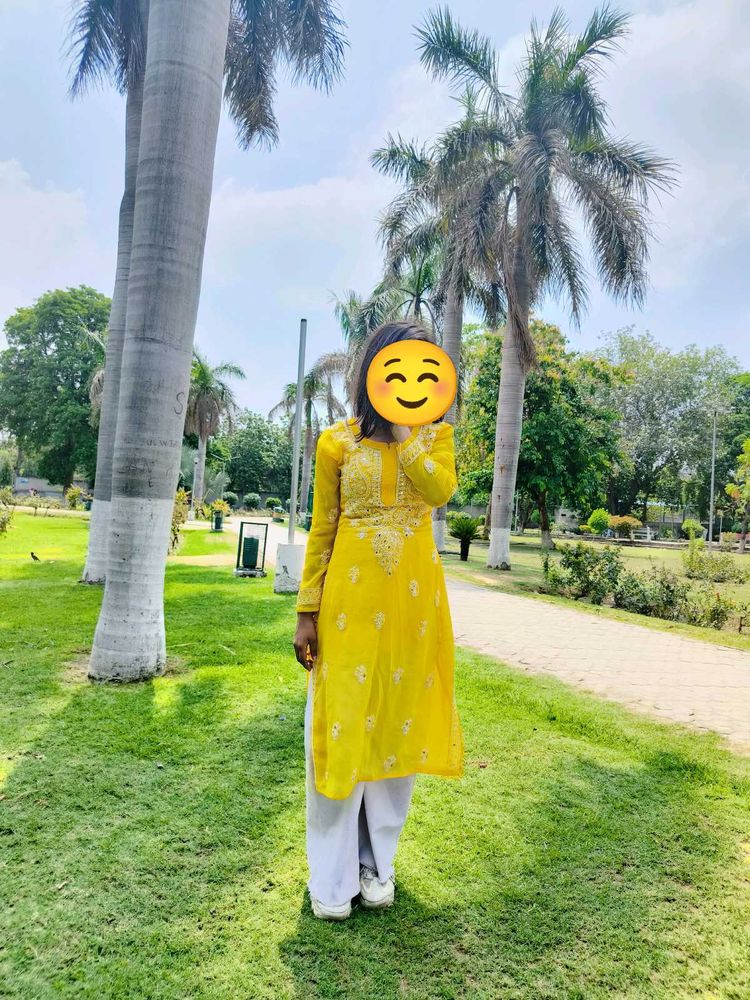 Yellow Chikankari Kurta With Free Legging