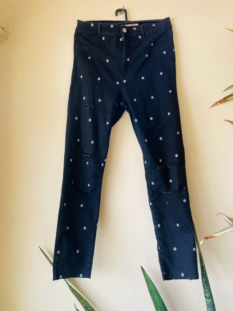 Zara Black Scratch Jeans With White Polkadots