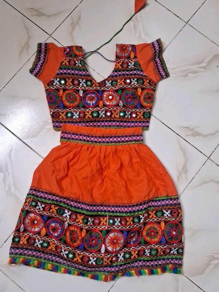Orange Embroidered Choli &amp; Skirt