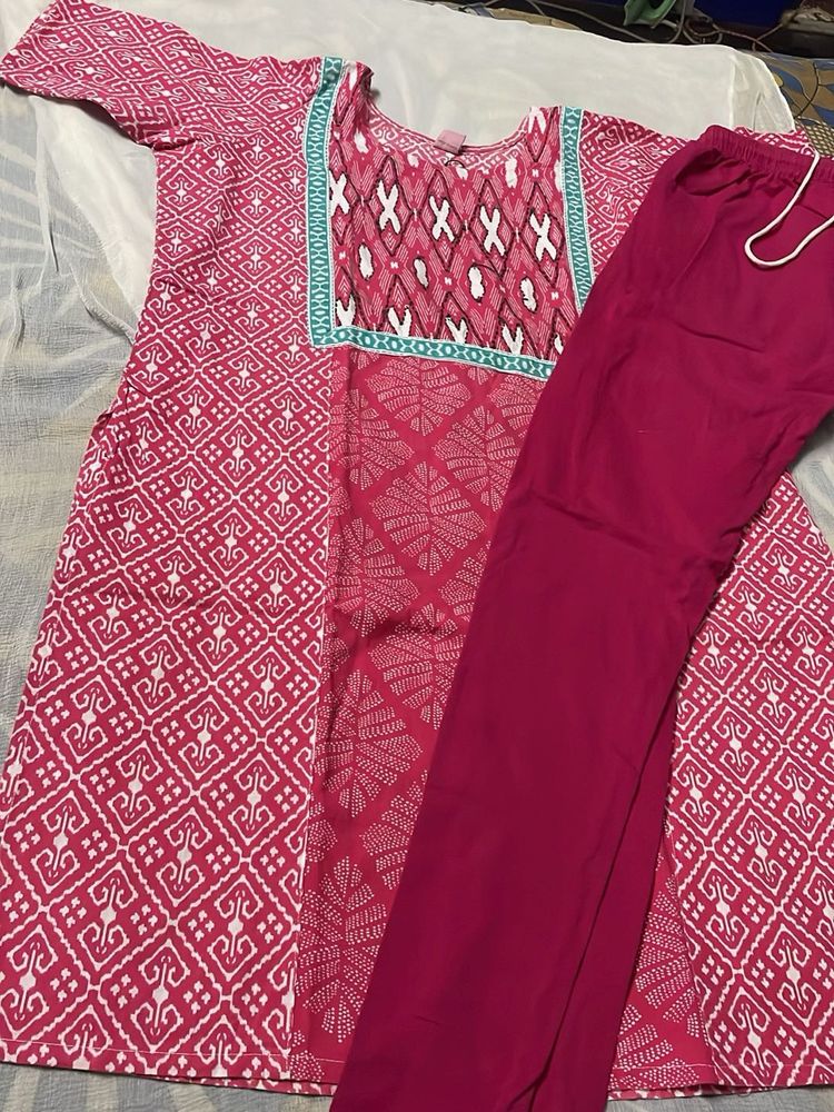 Pink Cotton Kurti With New Pant