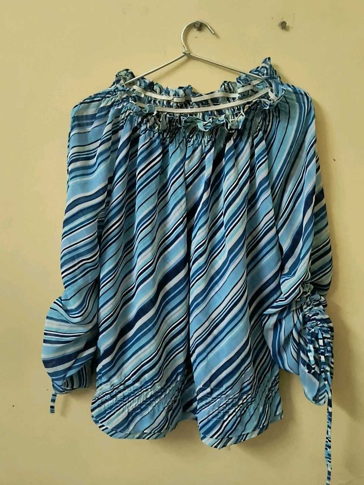 Blue Striped Off-the-Shoulder Blouse