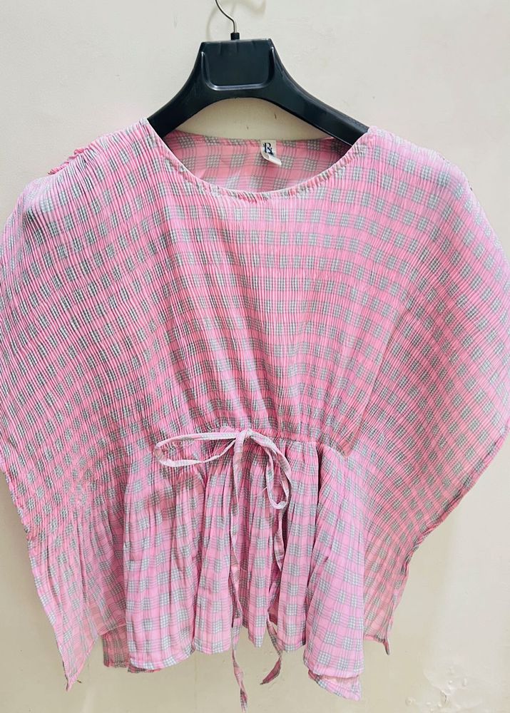 Pink Plaid Pleated Kaaftan Top