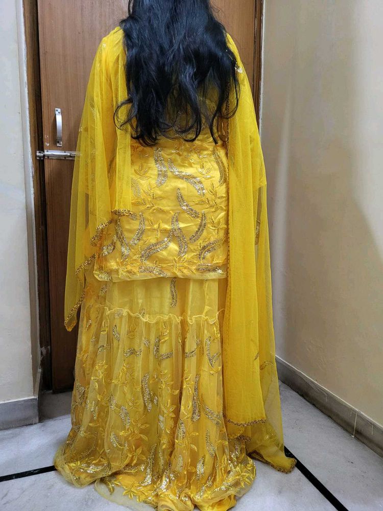 Yellow Embroidered Gharara Suit Net Fancy 3xl