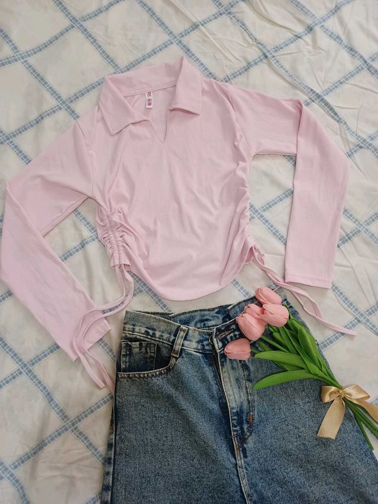 Light pink Collared Top with Adjustable Drawstring