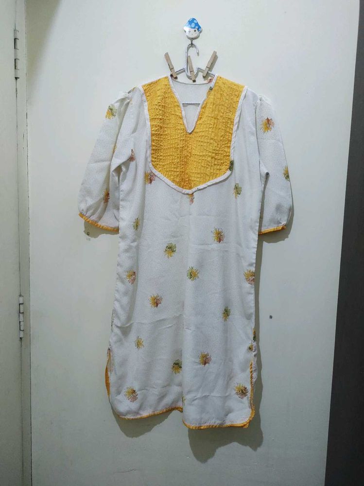 Golden Yellow Polka Dot Floral Print Kurta
