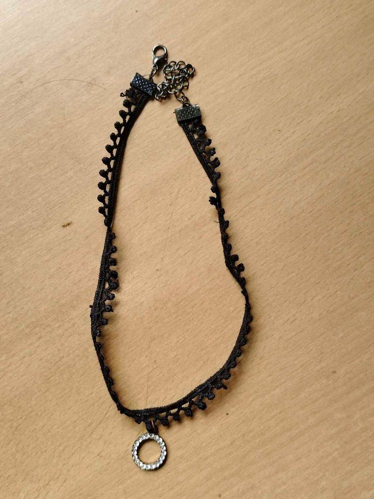 Black Lace Choker with Rhinestone Circle