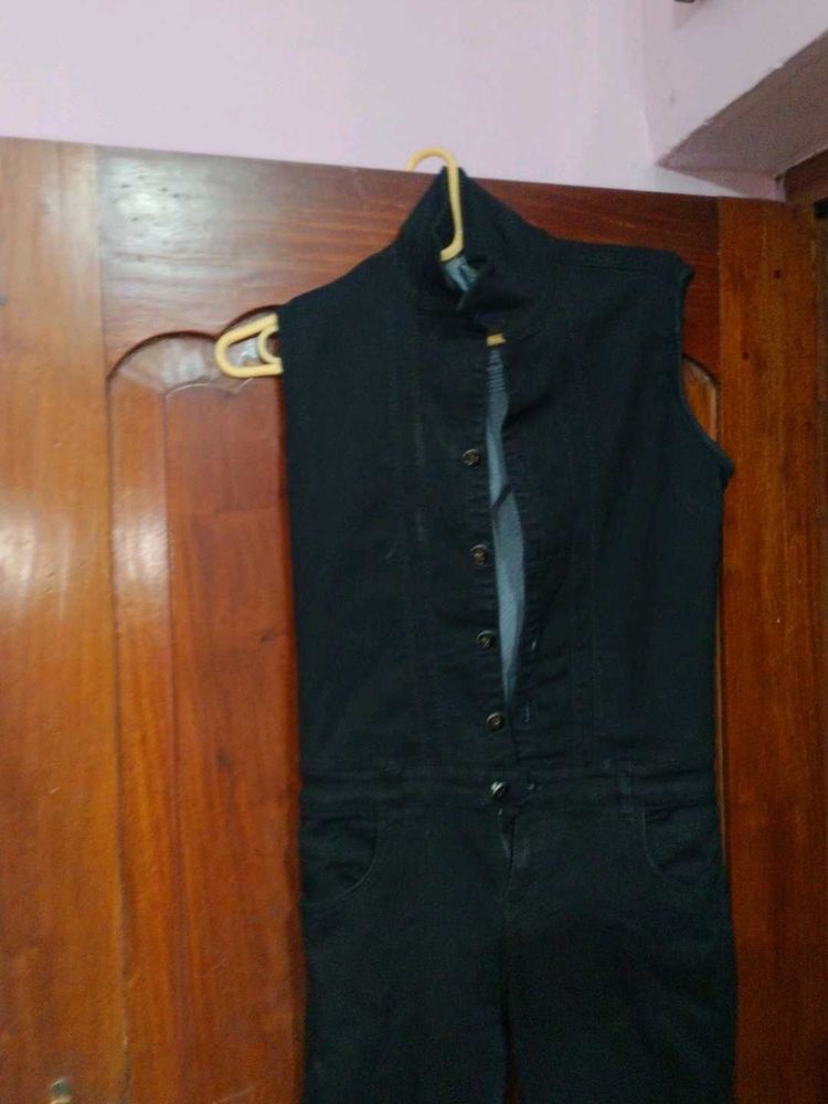 Black Denim Sleeveless Jumpsuit