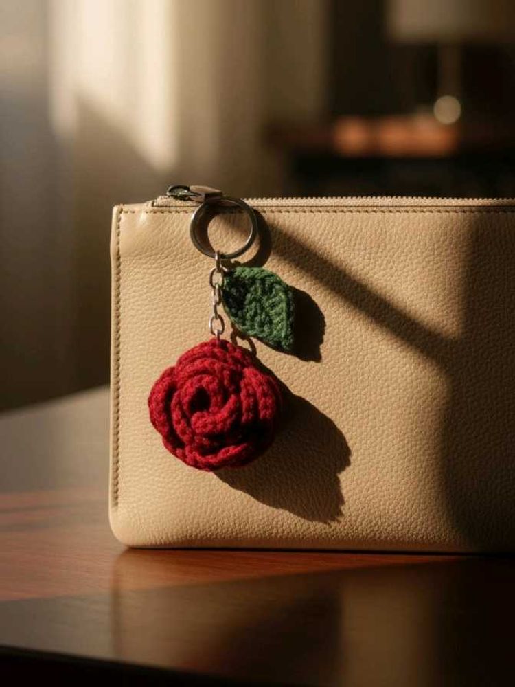Red Rose Crochet Keychain - Handmade