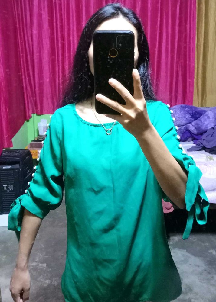 Green Blouse with Pearl Detail