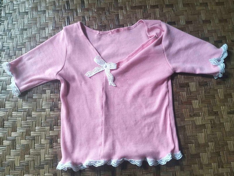 Bow Lace Pink Cute Crop Top