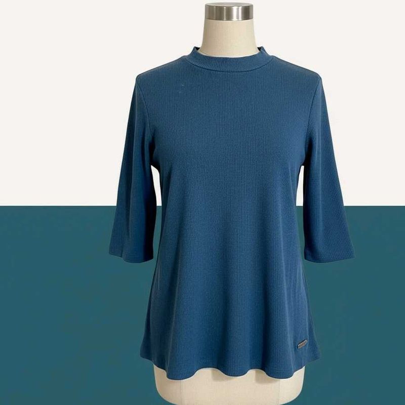 Blue Ribbed Mock Neck Top