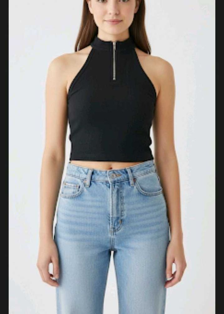 Black Zip-Up Crop Top