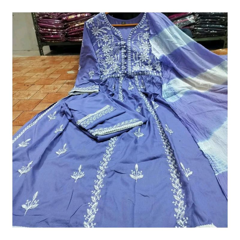 Lilac Chikankari Kurti Set With Pant And Dupatta