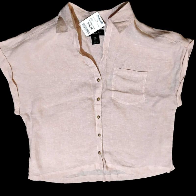 Light Pink Cropped Linen Button-Down